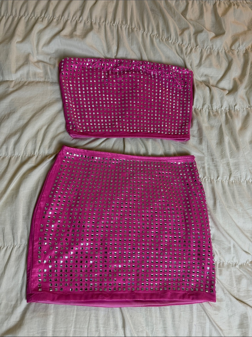 Fashion Nova Hot Pink Studded Tube Top and Mini Skirt Set